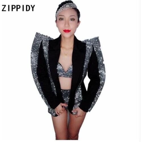 Fashion Sparkly Silver Rhinestones Bra Short Jacket Outfit Women Singer Dancer Wear Black Birthday Party Outfit Set