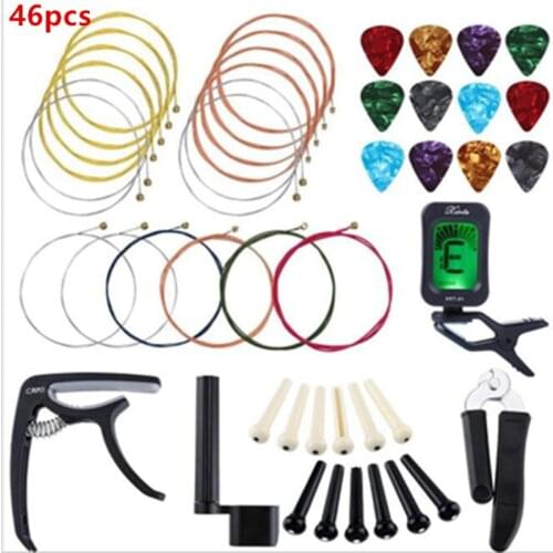 46 PCS Guitar Accessories Kit Including Guitar Picks,Capo,Acoustic Guitar Strings,3 in 1String Winder,Bridge Pins,6 String Bone