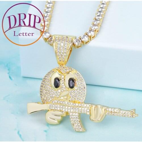 Round Cartoon Face With Gun Pendant Gold Color Cubic Zircon Necklace Charm Mens Hip Hop Rock Jewelry