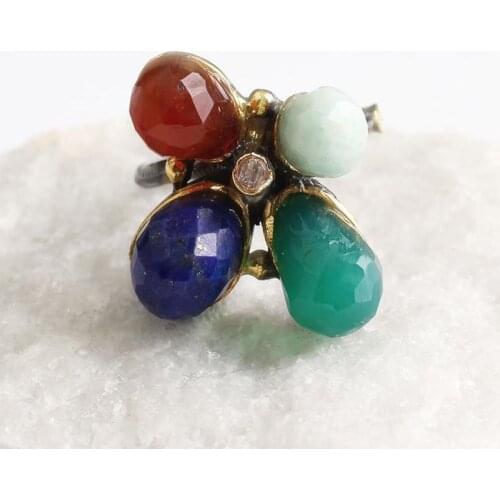 Blue Lapis Lazuli and Green Brown White Zircon Gold Plated Womens Silver Ring, 925 Silver Handmade Ring, MultiColor Oval Zircon
