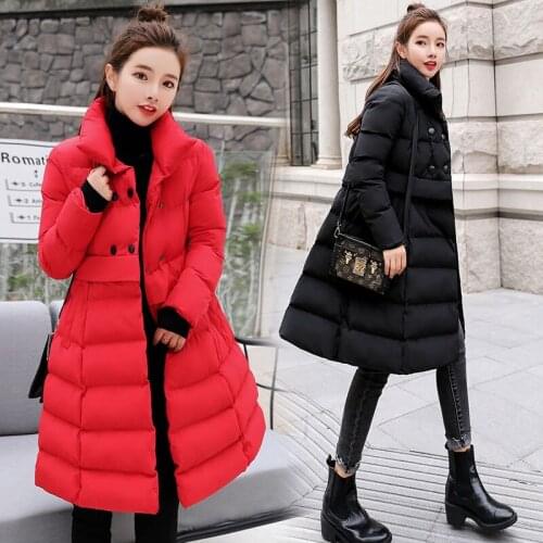 Down Cotton Coat Female Winter Long Padded Clothing Women Korean Slim Waist Padded Coat Female Straight Outwear Pocket 2020 Q136