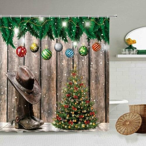 Christmas Vintage Wooden Shower Curtain Snow Fir Tree Xmas Happy Retro Farmhouse Barn Bathroom Wall Decor With Hook Screen Gift