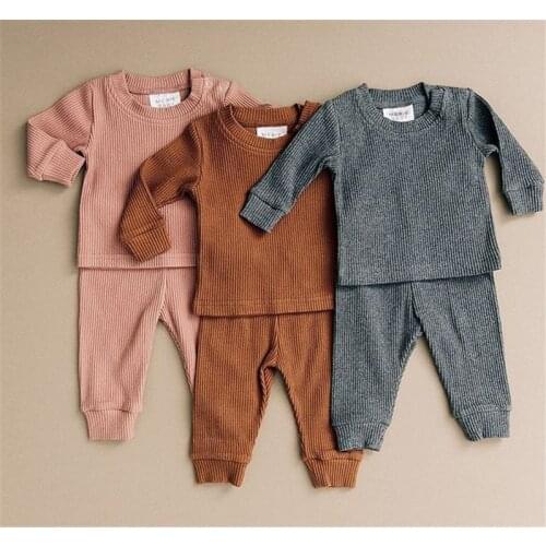 Toddler Kids Baby Girl Boy Knitted Cotton Sets Fall Clothes Long Sleeve T Shirts+Pants Solid Outfits Baby Tracksuits 0-24M
