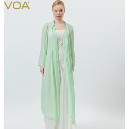 VOA Silk Georgette Bean Green Long Sleeve Light and Micro-transparent Mid-long Cardigan Women Fashion Trench Coat FE132