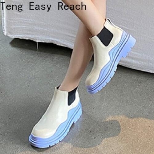 2021 Chelsea Boots Women Genuine Leather Ankle Boots Chunky Winter Shoes Platform Short Boots Female Slip on Chunky Heel Lasdies