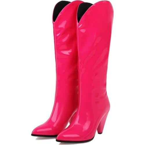 Fashion Womens High Boots Winter 2021 New Western Cowboy Knee High Boot Candy Patent Leather Long Fetish Shoes Lady Large Size