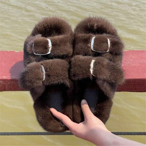 Summer Sandals Women 2021 Womens Genuine Mink Fur Slippers Luxury Flat Heel Shoes European Station 100% Fur Slippers