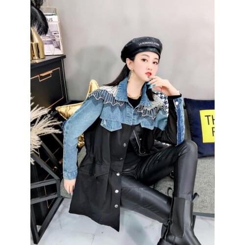 Harajuku stitching Trench Coat Woman Spring Autumn New Shoulder Diamond Set Beads Denim Waist Drawstring Medium-length Trench