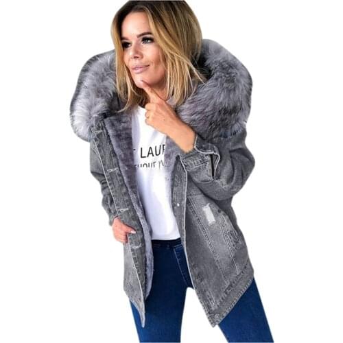 Winter Women 2021 Natural fox fur big fur collar Coat Denim loose fashion Fur detachable Rabbit lining Parka Leather Jacket