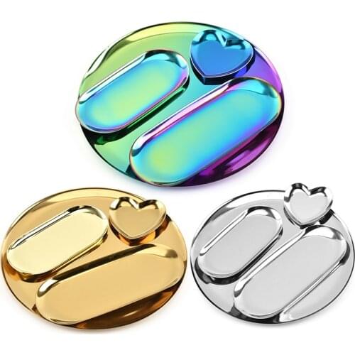 3-Colour Nordic Style Stainless Steel Dinner Plates Love Oval Round Dessert Tray Cake Snack Jewelry Storage Kitchen Tools