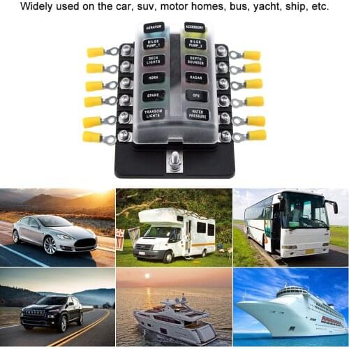 12 Way Blade Fuse Box Holder Fuse Blocks with Red LED Indicator 10Pcs Fuses For Car Boat Marine Caravan Truck 12V 24V