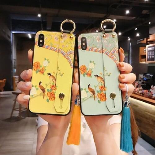 Flower Bird Embossed Phone Case for Samsung S10e S8 S9 S10 S20 Ultra Plus Note 8 9 10 Plus Soft Capa Wrist Strap Tassel Covers