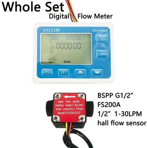 US211M Digital Flow Meter Totalizer Flow Measurement with FS200A Nylon Water Flow Sensor G1/2" Turbine Flowmeter iSentrol