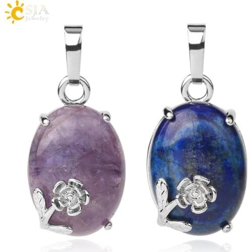 CSJA Cute Natural Stone Tiny Pendant Pink Quartz Lapis Crystal Egg Shaped Cabochon Flower Clip Pendants for Women Necklaces G503