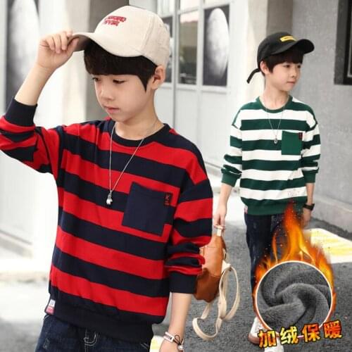 Boys shirt 4-13T kids winter long sleeve velvet t-shirt teenage warm jacket baby boys stripe O-neck sport shirt children clothes