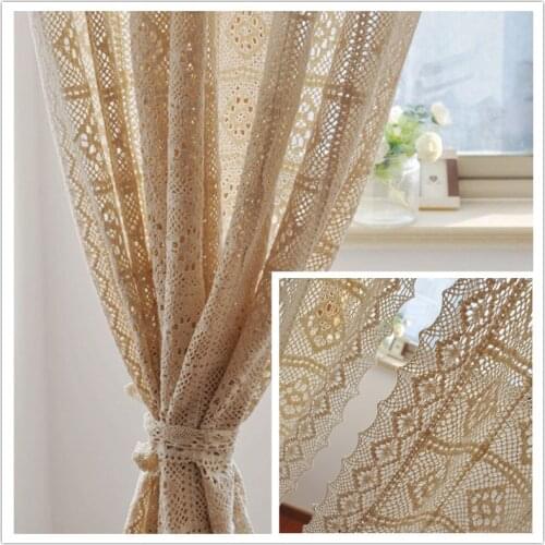 JUYANG. Beige cotton crochet curtains. Beautiful pastoral style lace lace blackout curtains