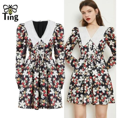 Tingfly 2021 New Fashion Korean Chic Floral Print Mini Short Dress Peter Pan Collar Celebrity Casual Streetwear Dresses Vestidos