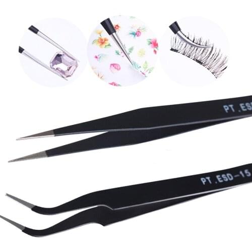 2Pcs/set Stainless Steel Curved Straight Black Tweezer Nail Art Rhinestones Nipper Picking Tool Sequins Beads Studs Picker Kit