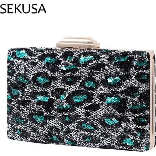 Leopard Sexy Women Clutch Sequined Metal Evening Bags Chain Shoulder Party Weddign Handbags Purse Wallets