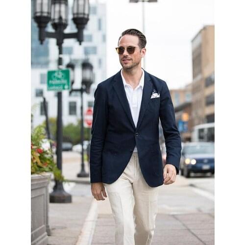 ANNIEBRITNEY Navy 2 Piece Slim Fit Men Suit With Beige Pants Groom Wedding Tuxedo 2 Piece Prom Wedding Business Men Suit Set