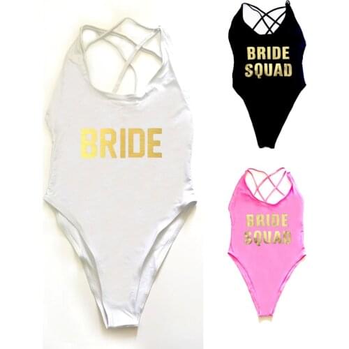 2021 New Swimsuit Women One Piece Swimwear BRIDE SQUAD Bathing Suit Sexy Beachwear Cross Back Bodysuit maillot de bain femme