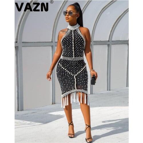 VAZN JN01 New Office Lady Club Party Fashion Sexy V-neck Sleeveless Dress 2019 Casual Women High Waist Elastic Knee Dress
