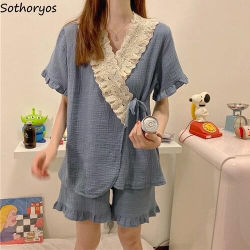 Summer New V-neck Lace Drawstring Women Pajama Sets Patchwork Ruffles Lovely Retro Japanese Style Soft Homewear 2 Piece Female
