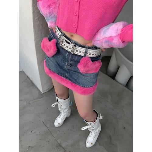 Original OOsbaby Design Autumn Retro Hot girl High-waisted denim Short skirt Plush autumn winter bodycon mini pencil skirt
