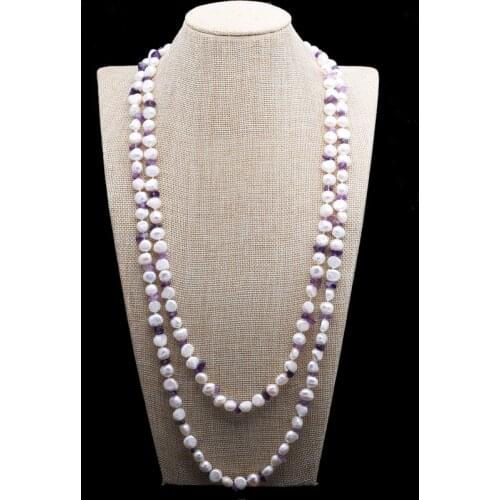 Hand knotted fashion necklace 8-9mm white baroque freshwater pearl crystal 154 cm long sweater chain