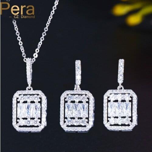 Pera Fashion Women Princess Cut Cubic Zirconia Silver Color Pendant Necklace and Earrings Set for Ladies Party Jewelry Gift J378