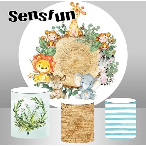 Sensfun Round Circle Wood Animals Safari Jungle Party Photography Backdrop Lion Elephant Kids Birthday Background Plinth Covers