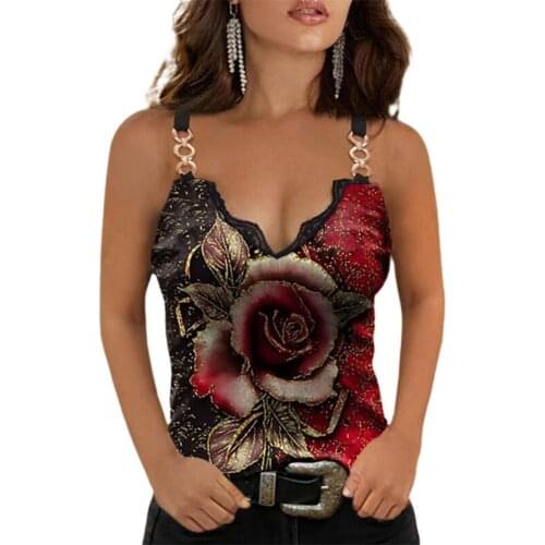 Slim Women Tanks Top Camisole Vest Rose Print Lace Sleeveless V Neck Summer Vest Women Clothing