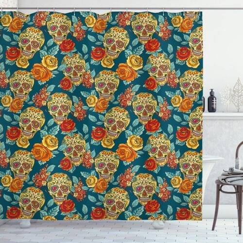 Sugar Skull Shower Curtain Set Skulls Diamond Shapes Eyes Roses Curtain for Bathroom Decor 12 Hooks Decorative Bath Accessory
