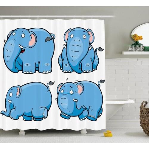 Animal Shower Curtain Kids Nursery Boys Girls Baby Room Clumsy Cartoon Cute Elephant Image Print Waterproof Bath Curtains
