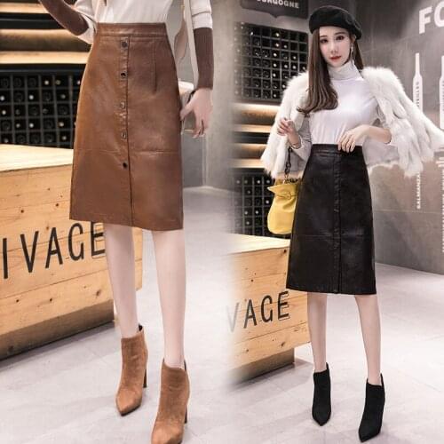 PU Leather Midi Skirts Women 2021 Autumn & Winter Korean High Waist Fashion Mid-length Split Straight Skirt Female BSQ545