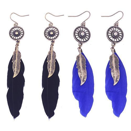 Womens Vintage Hollow Wheel Feather Pendant Eardrop Dangle Earrings Jewelry