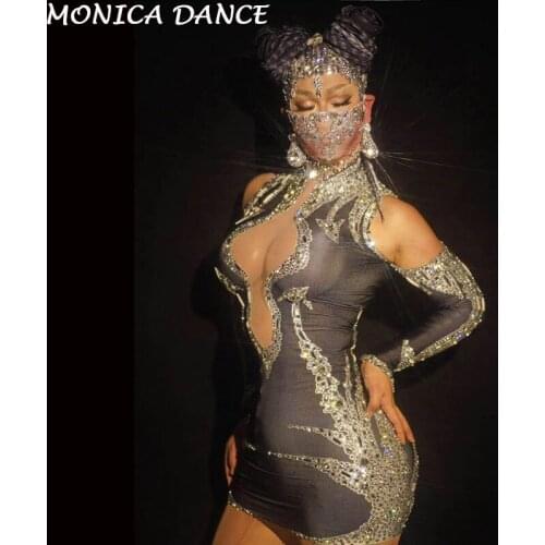 Women Stage Sparkly Rhinestones Mini Shinny Dress Nightclub Birthday Celebrate Outfit Evening Party Dress Singer Dance Costume