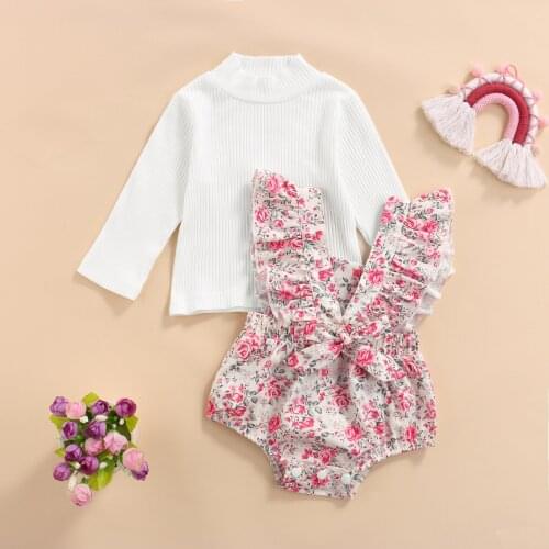 2021 0-24M Sweet Baby Girl Clothes White Solid Color Long Sleeve Turtleneck Sweater+Bow Ruffle Flower Suspender Shorts Fall 2pcs