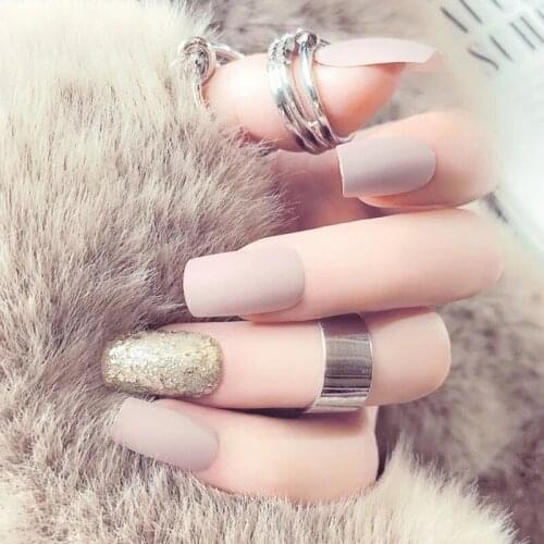 24Pcs/set Acrylic Fake Nails Matte Frosted Short False Nail Tips Gold&Brown