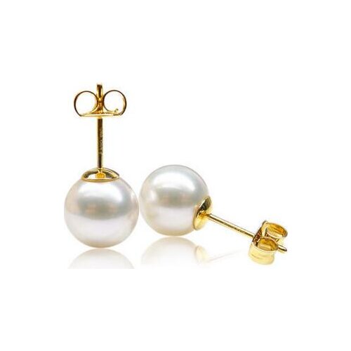 Free shipping>>>>noble jewelry Elegant AAA 9.5-10mm Round Real Akoya White Pearl Stud Earrings Yellow Gold