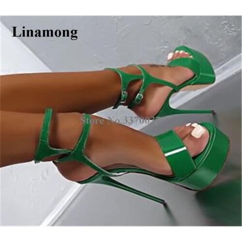 Women Sexy Green Patent Leather High Platform Sandals Ankle Straps Stiletto Thin Heel Gladiator Sandals Formal Dress High Heels