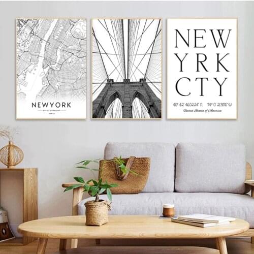 Black and White Canvas Printed Home Decor Painting Wall Art Map Modern City Scene Canvas Paintings and Prints for Living Room