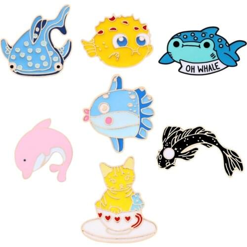 Cartoon Pin Cute Sea World Koi Fish Enamel Brooches Dolphin Shark Whale Lapel Pins Backpack Jeans Badges Hat Accessories Jewelry