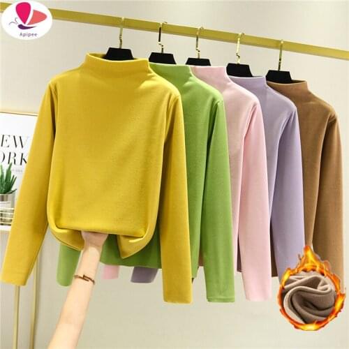 Dralon Half-Collar Long-Sleeved T Shirts Women Autumn Winter Plus Velvet Padded Inner Top Double-Sided Plush Warm Bottom T Shirt
