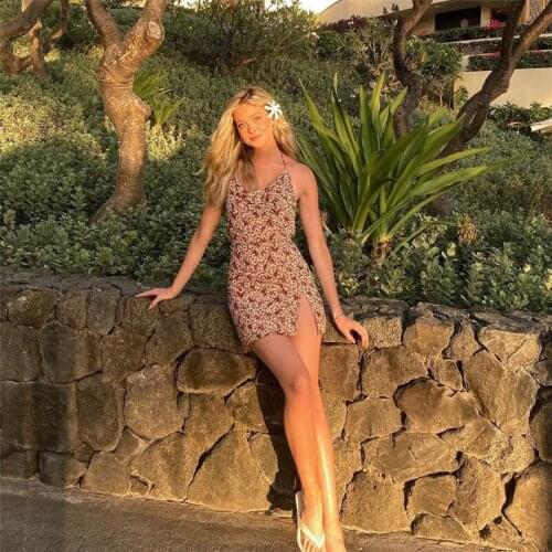 Hirigin European and American 2021 summer womens printed bandage sexy hollow out naked backpack hip split dress Floral sling