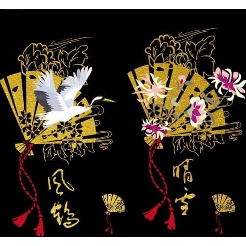 Chinese Flower Fans Crane Iron on Patches For DIY Heat Transfer Clothes T-shirt Thermal transfer stickers Decoration Printing