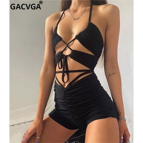 GACVGA Fashion Bandage Shorts Suits Sexy Two Pieces Set Club Party Ruched Backless Crop Top and Shorts Black Matching Sets