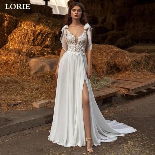 LORIE Modest Chiffon Wedding Dress Sleeveless V Neck Lace Beach Boho Bridal Gowns Country Side Split Robe de mariage
