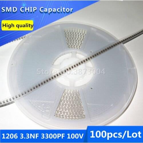 100pcs 1206 3.3NF 3300PF 100V 10% Thick Film Chip Multilayer Ceramic Capacitor
