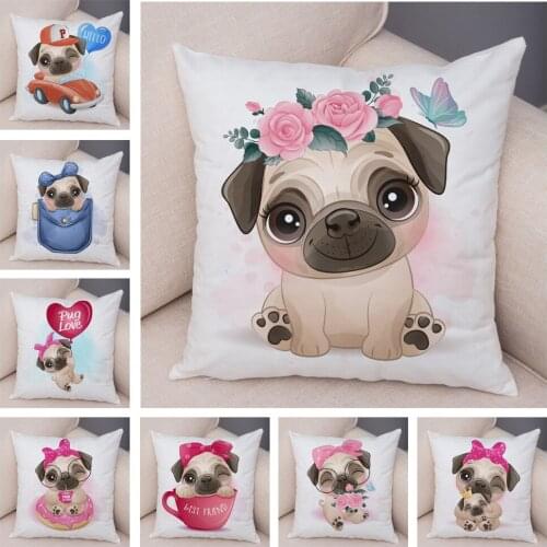 Cartoon Pet Pug Print Pillowcase for Children Room Home Car Sofa Decor Lovely Dog Animal Pillow Case Plush Cushion Cover 45x45cm